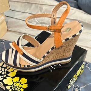 Orange and Blue Wedge Sandals with Cork Heel